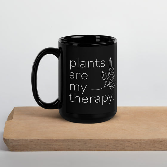 "Plants Are My Therapy" Large Black Glossy Mug